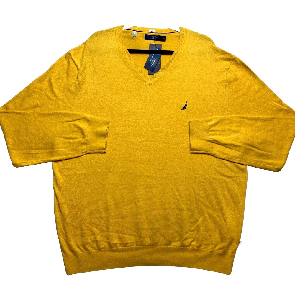 Nautica Sweater Mens 2XL Yellow V-Neck Knit Cotton Blend Navtech